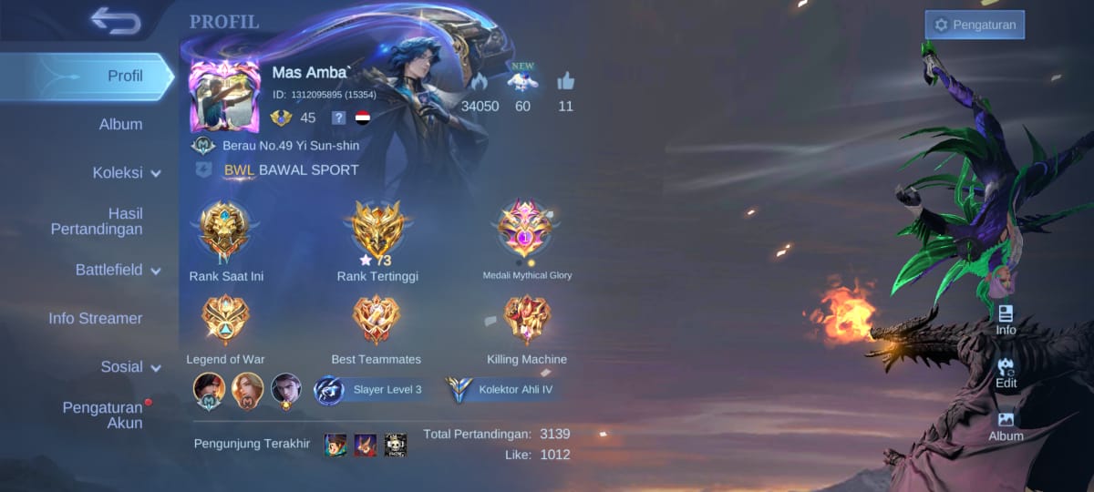 ✅ Akun ML Mythic Glory | BWL Bawal Sport | Rank Tertinggi Star 73