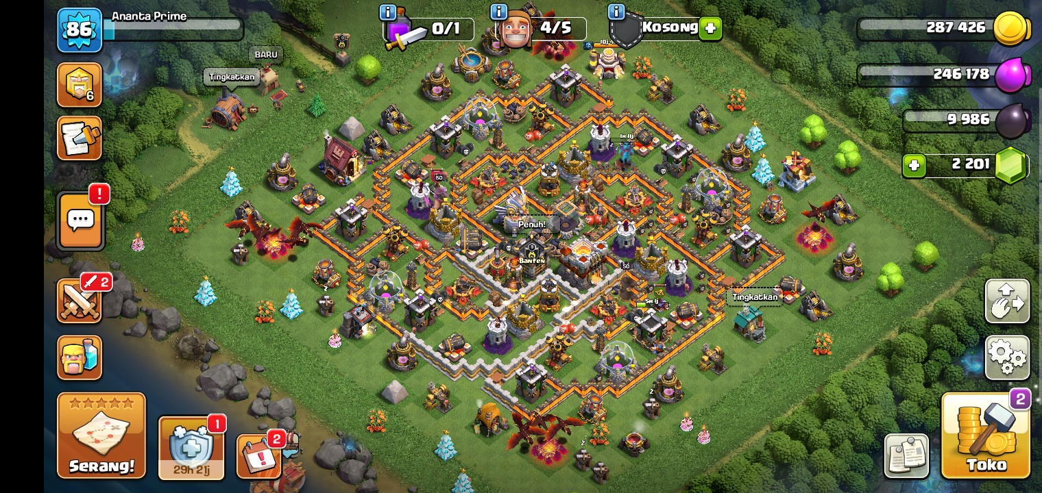 Jual akun coc th 11, udah max semua tinggal tembok, jebakan sama minion nya 5 level lagi.