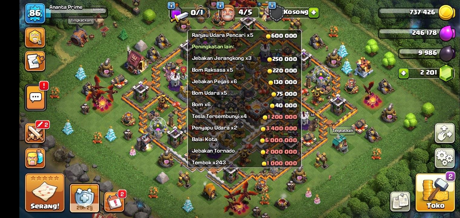 Jual akun coc th 11, udah max semua tinggal tembok, jebakan sama minion nya 5 level lagi.